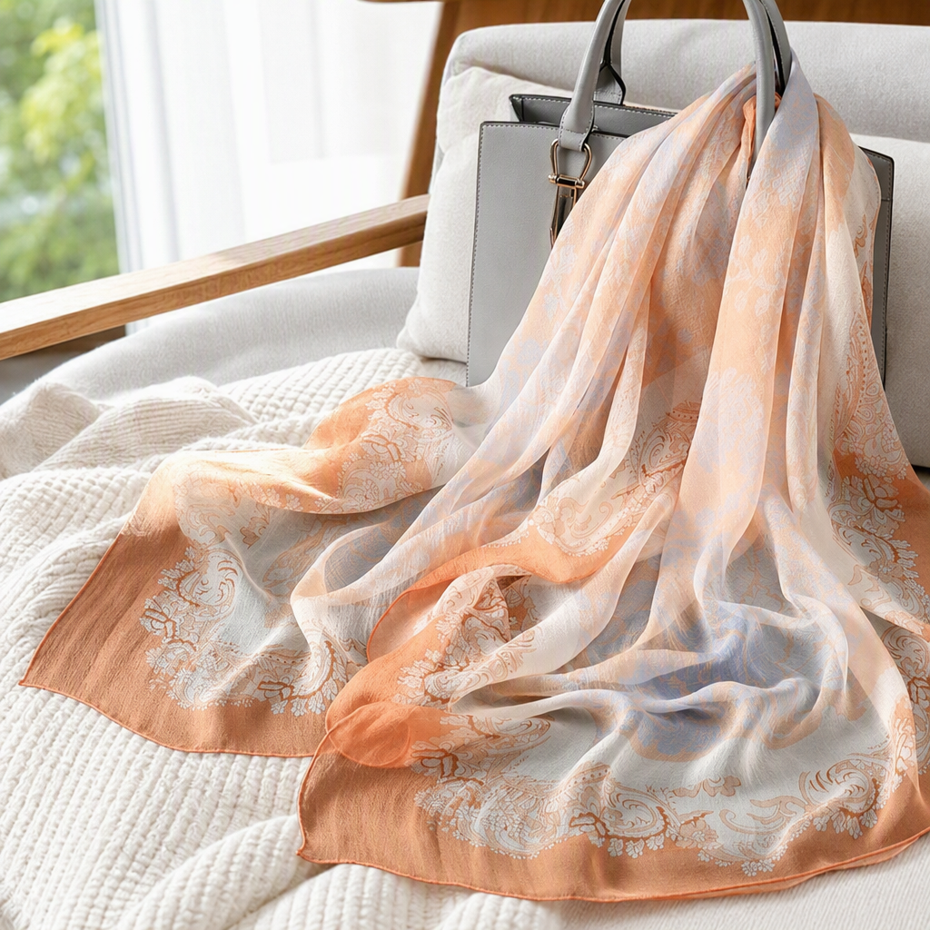 The fashionable and versatile orange and white patterned silk scarf is soft and light. The new spring and summer women's shawl accessory is trendy and versatile details Picture