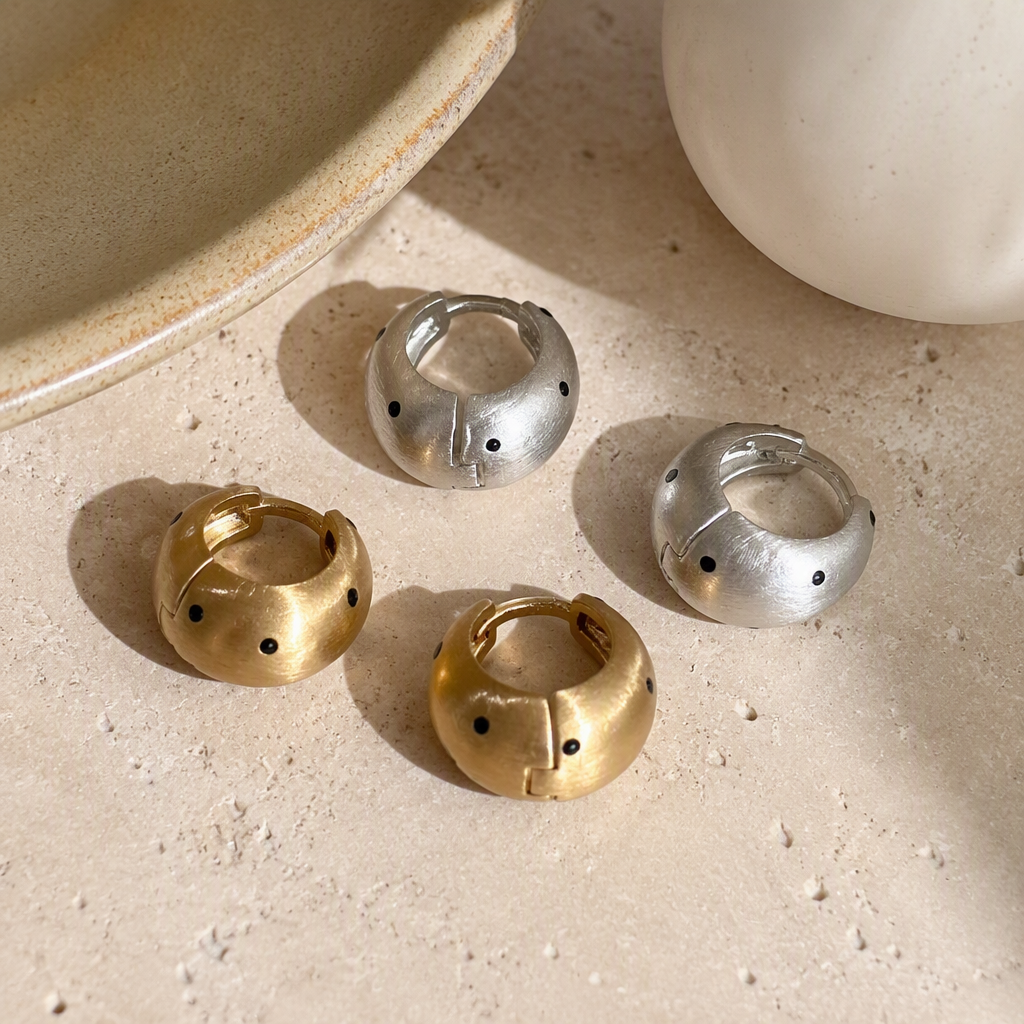 Fashionable gold and silver ring earrings with a matte texture and black spots, trendy earrings, simple and versatile accessories for women details Picture