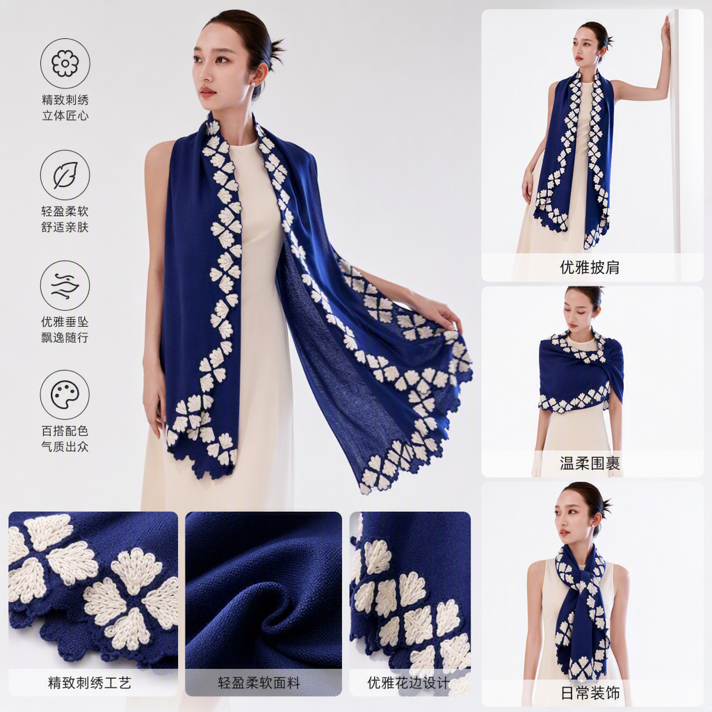 An elegant blue embroidered scarf paired with a beige dress is a versatile and fashionable choice for women in spring and autumn