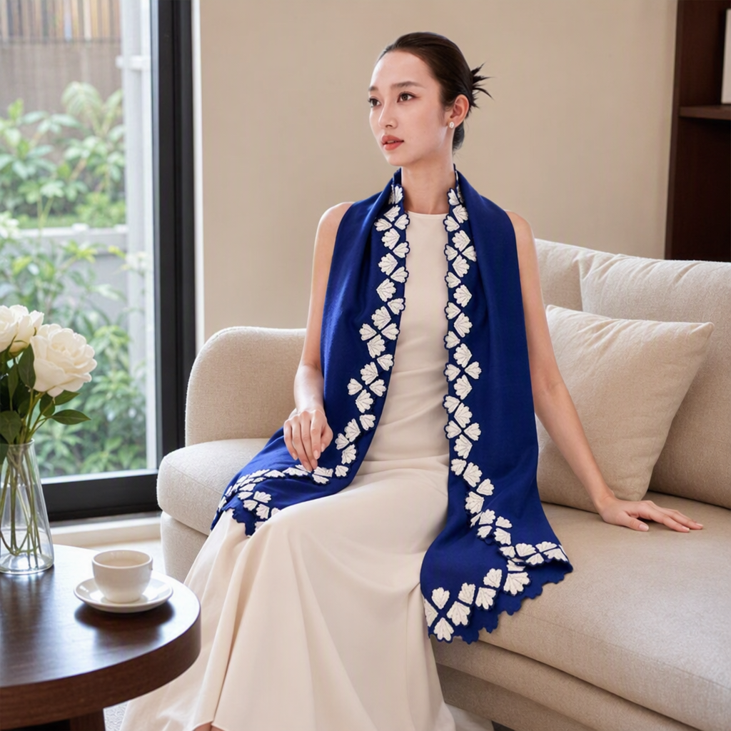 Elegante azul bordado bufanda con vestido beige mujer primavera/otoño moda versátil details Picture