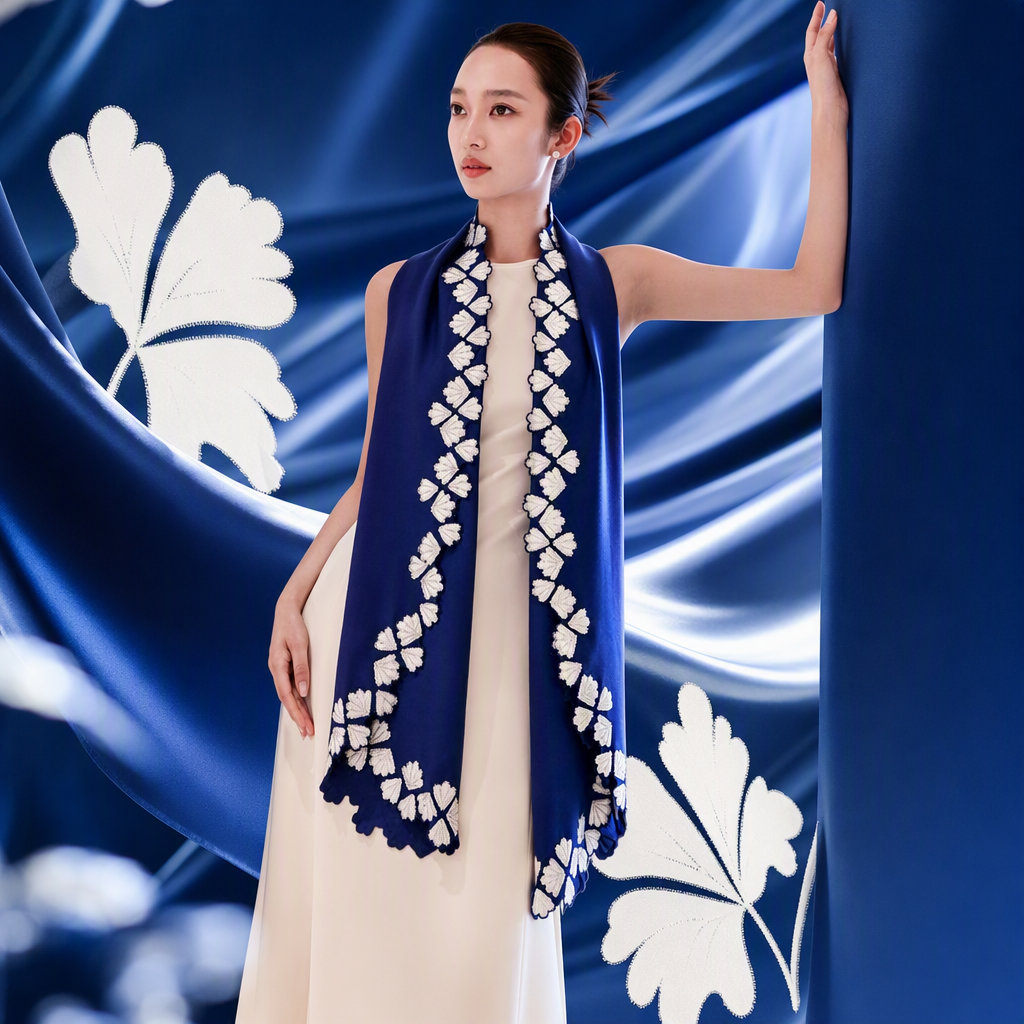 Elegante azul bordado bufanda con vestido beige mujer primavera/otoño moda versátil Specification image