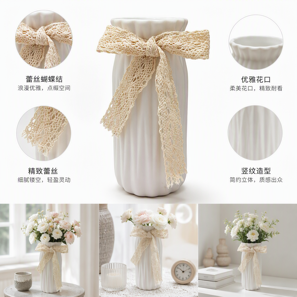 白色陶瓷花瓶米色蕾丝蝴蝶结装饰优雅摆件家居客厅装饰品