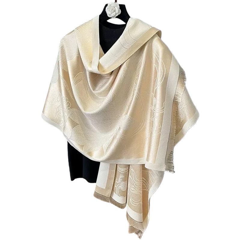 Elegant beige jacquard shawl, versatile for spring and autumn, soft and warm women's scarf, casual and fashionable shawl accessory Item Picture