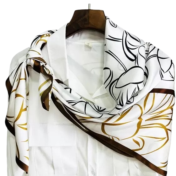 A white shirt paired with a black and gold floral pattern silk scarf is a fashionable, versatile and elegant accessory for women Item Picture