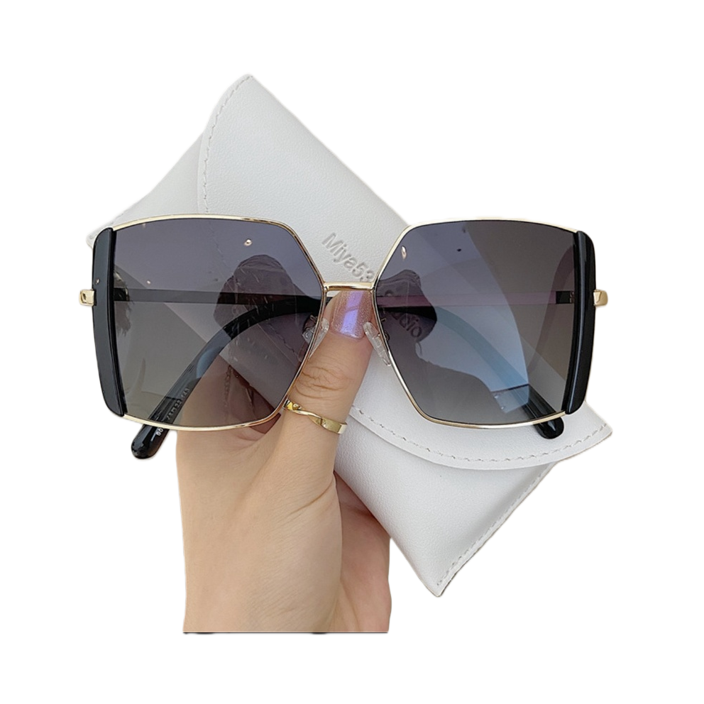 Fashionable gold-framed black lens sunglasses with a white portable case, trendy and casual sunglasses for both men and women Item Picture