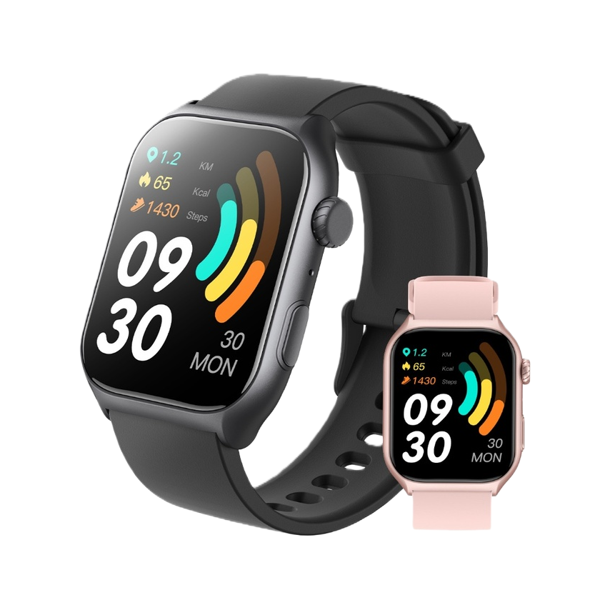 The black smartwatch sports model with a black strap screen displays the time 0930. The sports data is displayed in pink contrast on the right side Item Picture