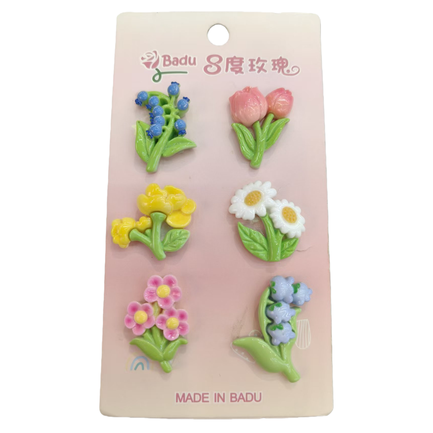 Six colorful flower brooches, pink card, blueberry pollen, tulip, yellow flower, white Daisy, pink small flower, purple wind chime flower accessory gifts Item Picture