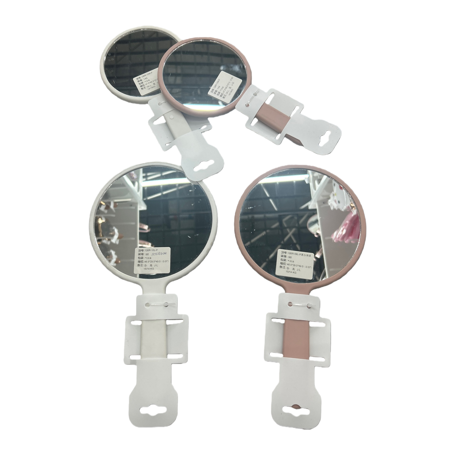 The pink and white round hand-held mirror is a fashionable, simple and portable makeup mirror, an essential beauty tool for girls Item Picture