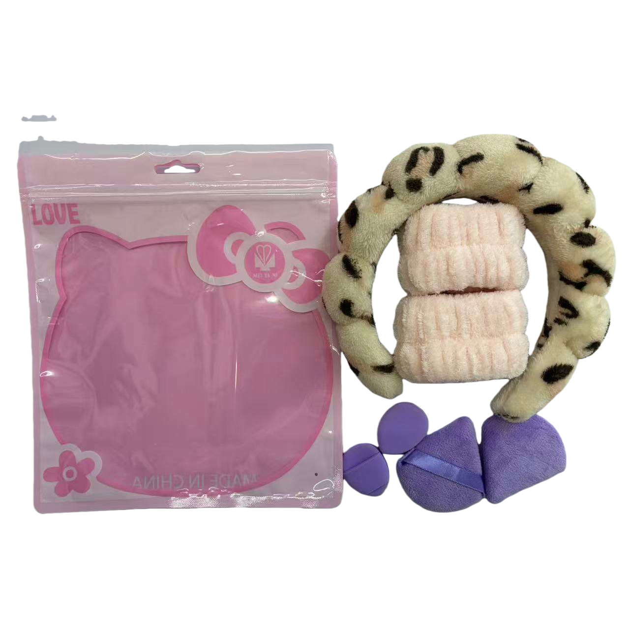 Pink cat packaging bag, leopard print hair band, pink and purple cotton pad set, cute hand-held portable beauty product gift box Item Picture