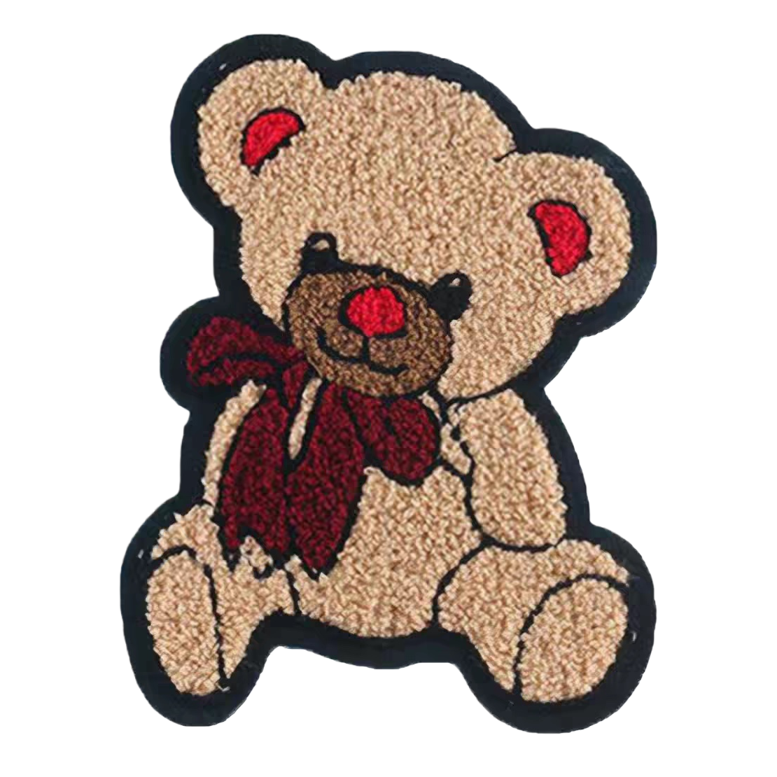 Beige teddy bear embroidered patchwork with red bow and red nose tip decoration DIY handmade fabric accessories Item Picture