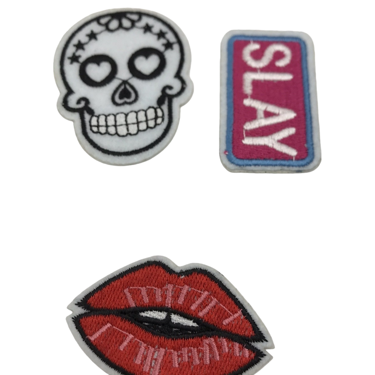 White background embroidered patch skull with "SLAY" lettering, red lip pattern, rectangular decorative patch DIY clothing accessories Item Picture