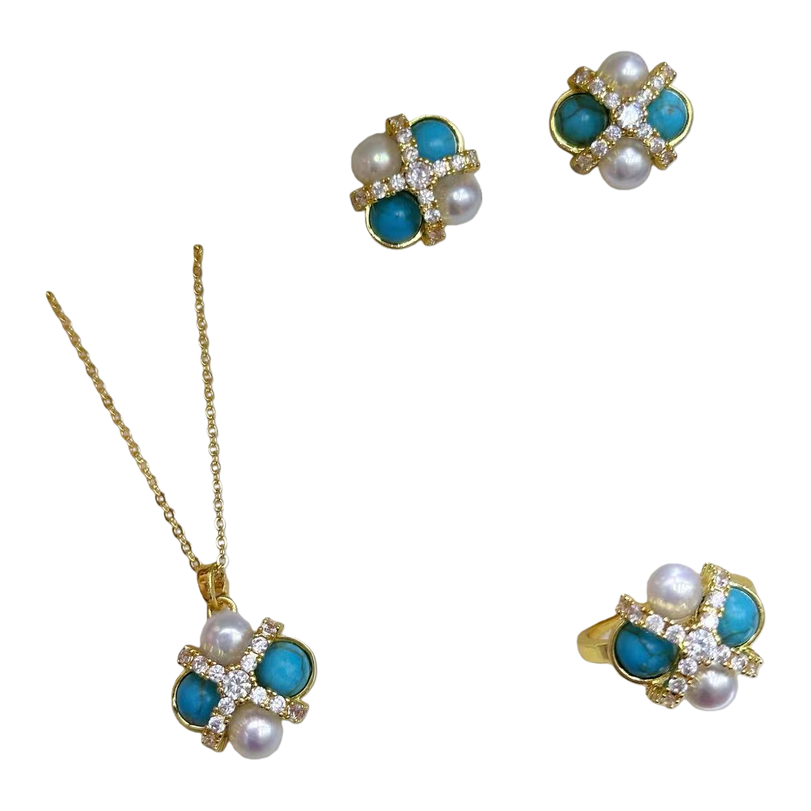 Gold inlaid with blue turquoise and pearl stud ring and necklace set, elegant and fashionable accessory gift box Item Picture