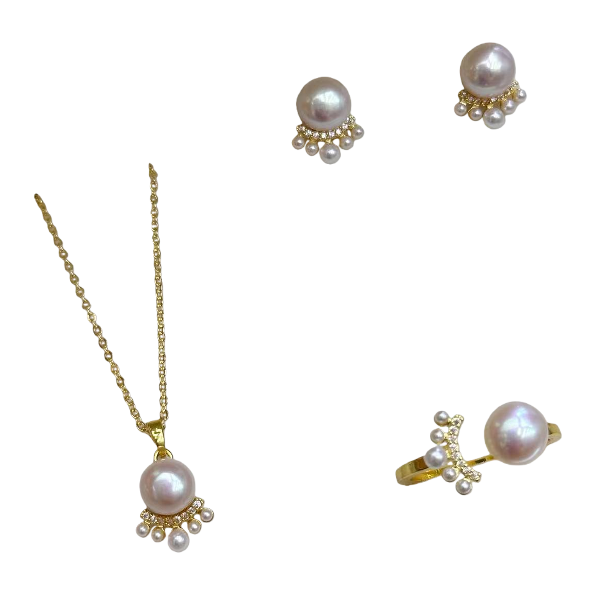 The golden pearl jewelry set includes a necklace, stud earrings and a ring. It is an elegant and stylish wedding accessory for women Item Picture