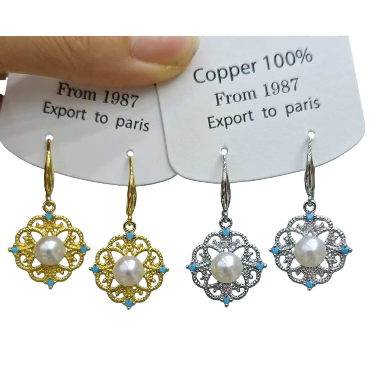 Fashionable gold and silver pearl earrings, four pendants, blue gemstones with hollowed-out patterns, elegant earrings, and white label decoration Item Picture