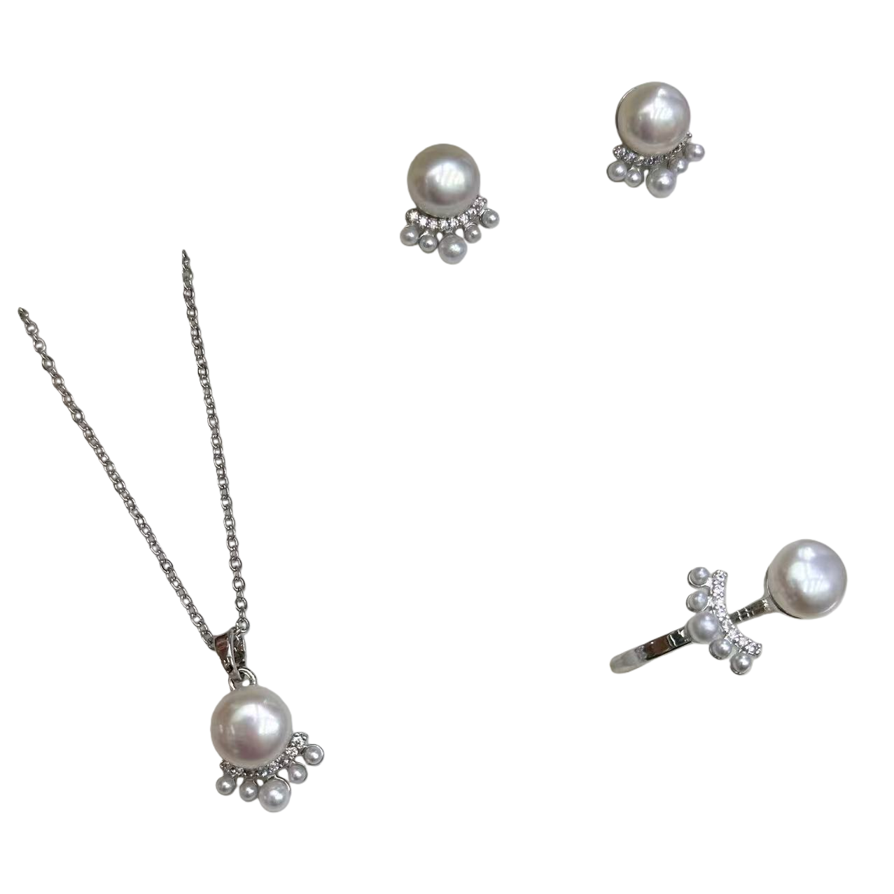 Silver pearl jewelry set, necklace, stud ring, elegant and stylish women's accessories gift box Item Picture