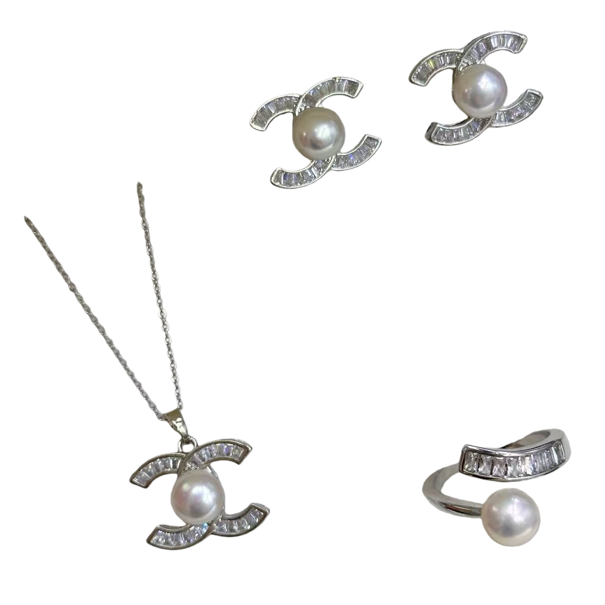 The silver CC logo pearl jewelry set is a fashionable, elegant and versatile gift for ladies Item Picture