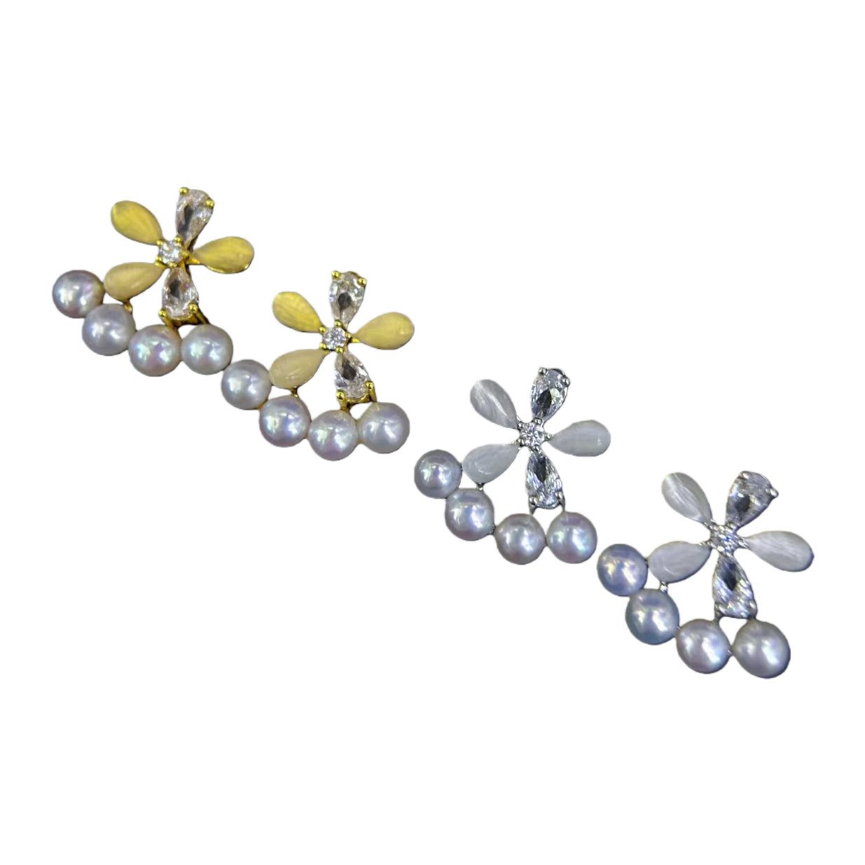 The black tray showcases pearl flower earrings, fashionable and elegant accessories, jewelry, ornaments and collectibles Item Picture