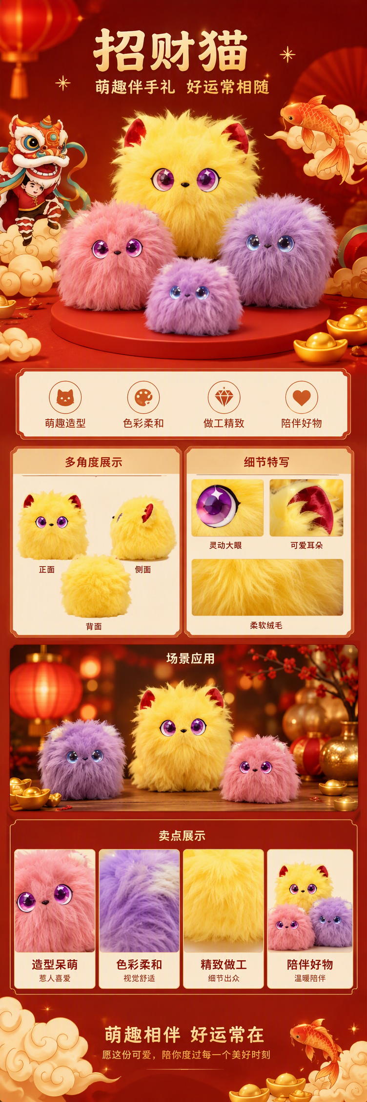 AI inteligente acompañante juguete fortuna gato tema ilustración peluche fuxing gato baile león pez de oro yuan yuan festival de primavera decoración rojo pic 2
