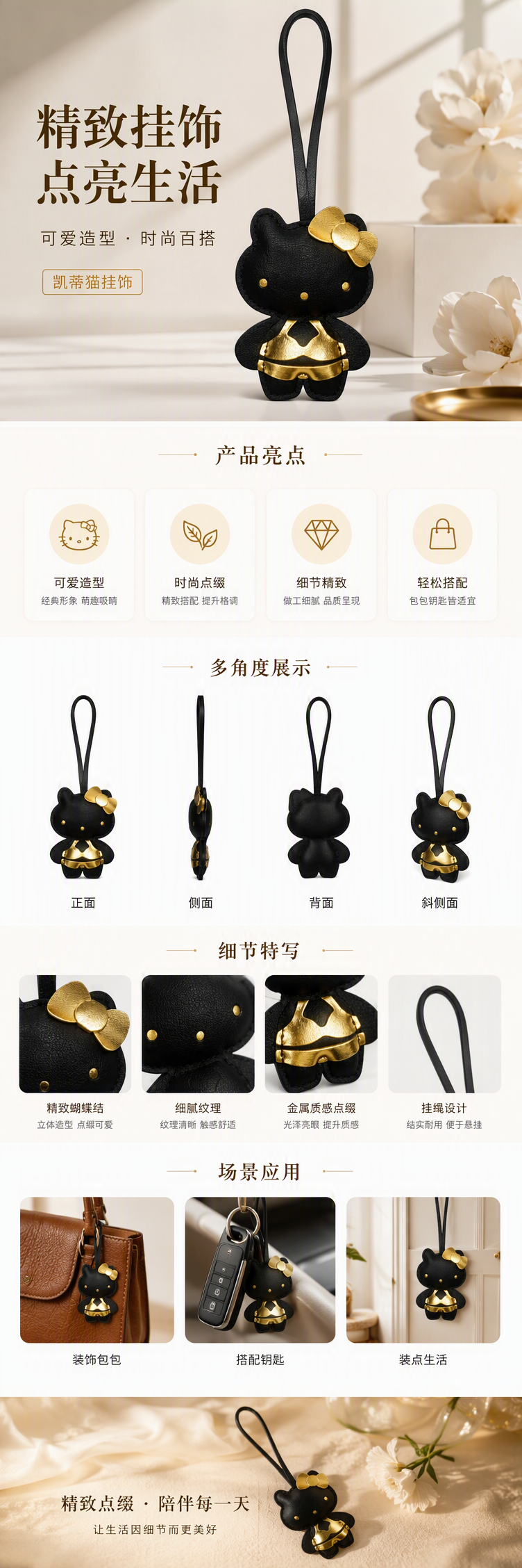 黑色皮革Hello Kitty挂件金色蝴蝶结装饰可爱钥匙扣挂饰礼品赠品详情1