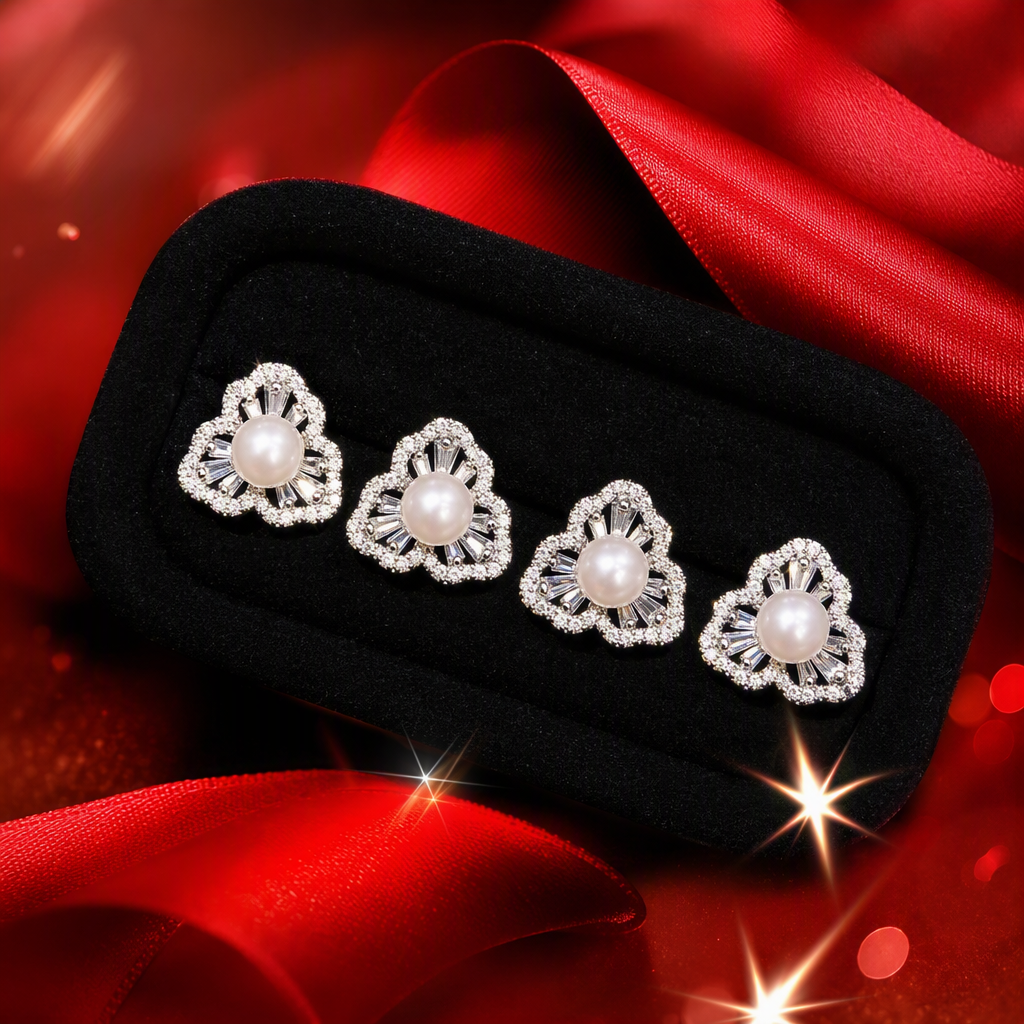 Black velvet tray, four pearl and diamond-encrusted ear studs, simple and elegant earrings accessory gift box Specification image