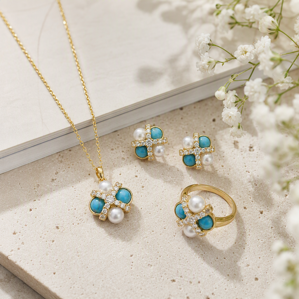Gold inlaid with blue turquoise and pearl stud ring and necklace set, elegant and fashionable accessory gift box details Picture