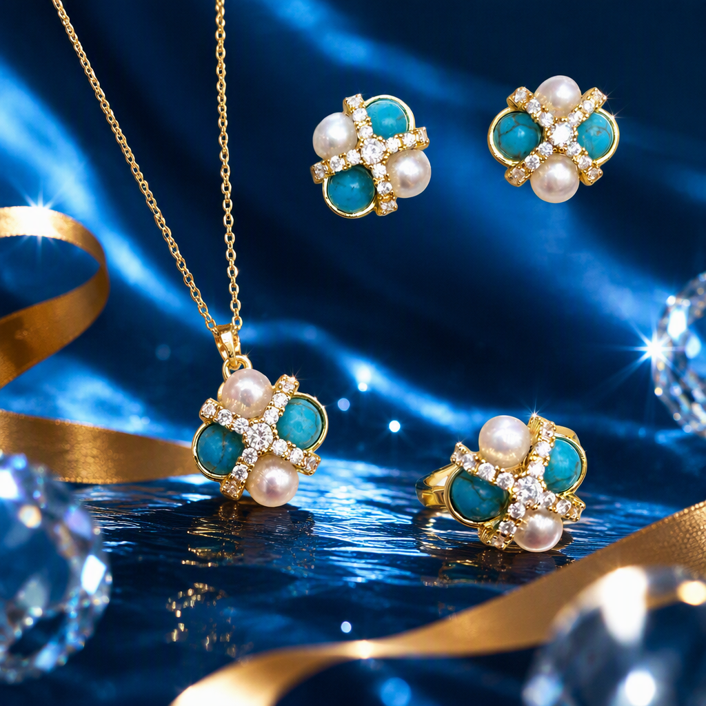 Gold inlaid with blue turquoise and pearl stud ring and necklace set, elegant and fashionable accessory gift box Specification image