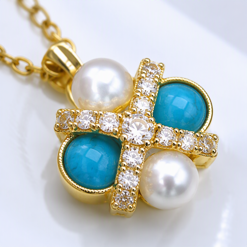 Gold inlaid with blue turquoise and pearl stud ring and necklace set, elegant and fashionable accessory gift box Application Scenario