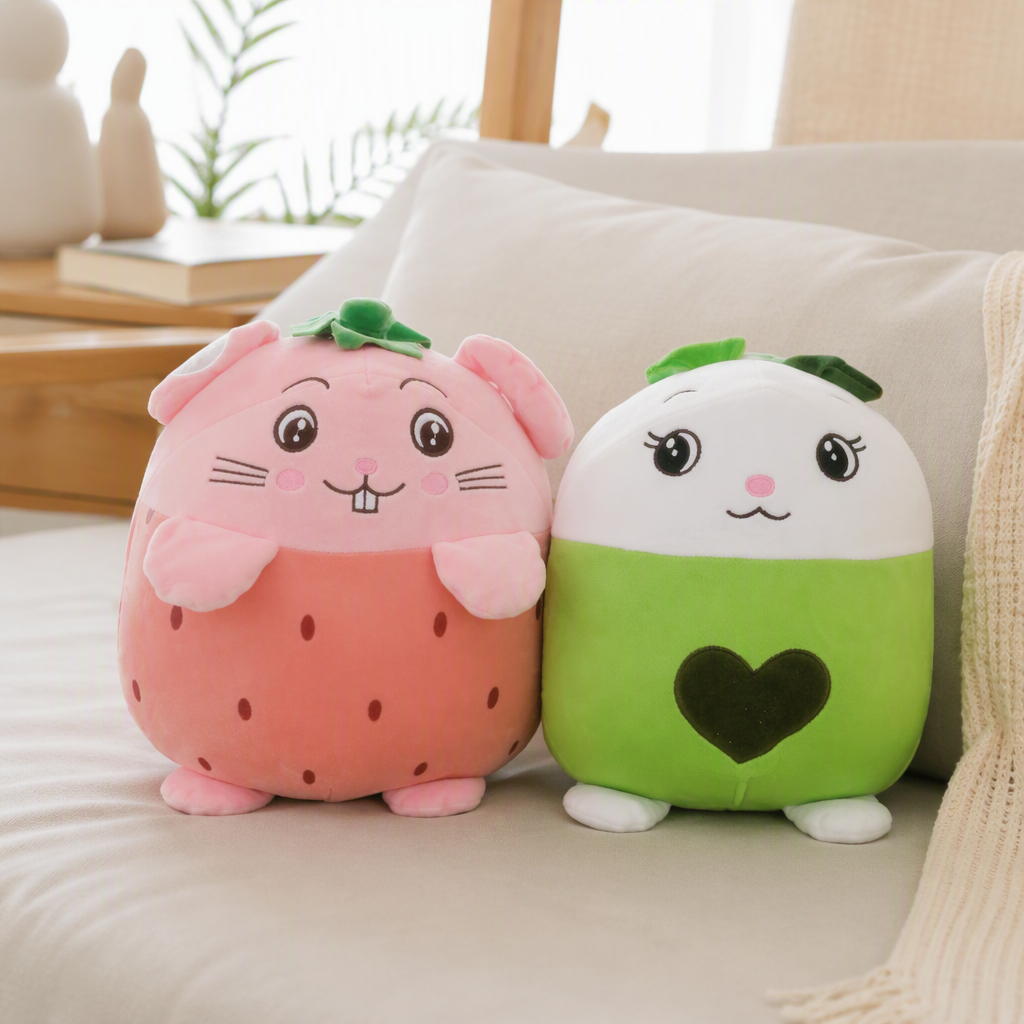 Pink strawberry rabbit dolls, green heart-shaped throw pillows, children's toys, soft and cute handmade fabric gifts, collectibles details Picture
