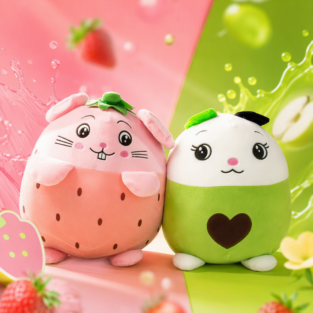 Pink strawberry rabbit dolls, green heart-shaped throw pillows, children's toys, soft and cute handmade fabric gifts, collectibles Specification image