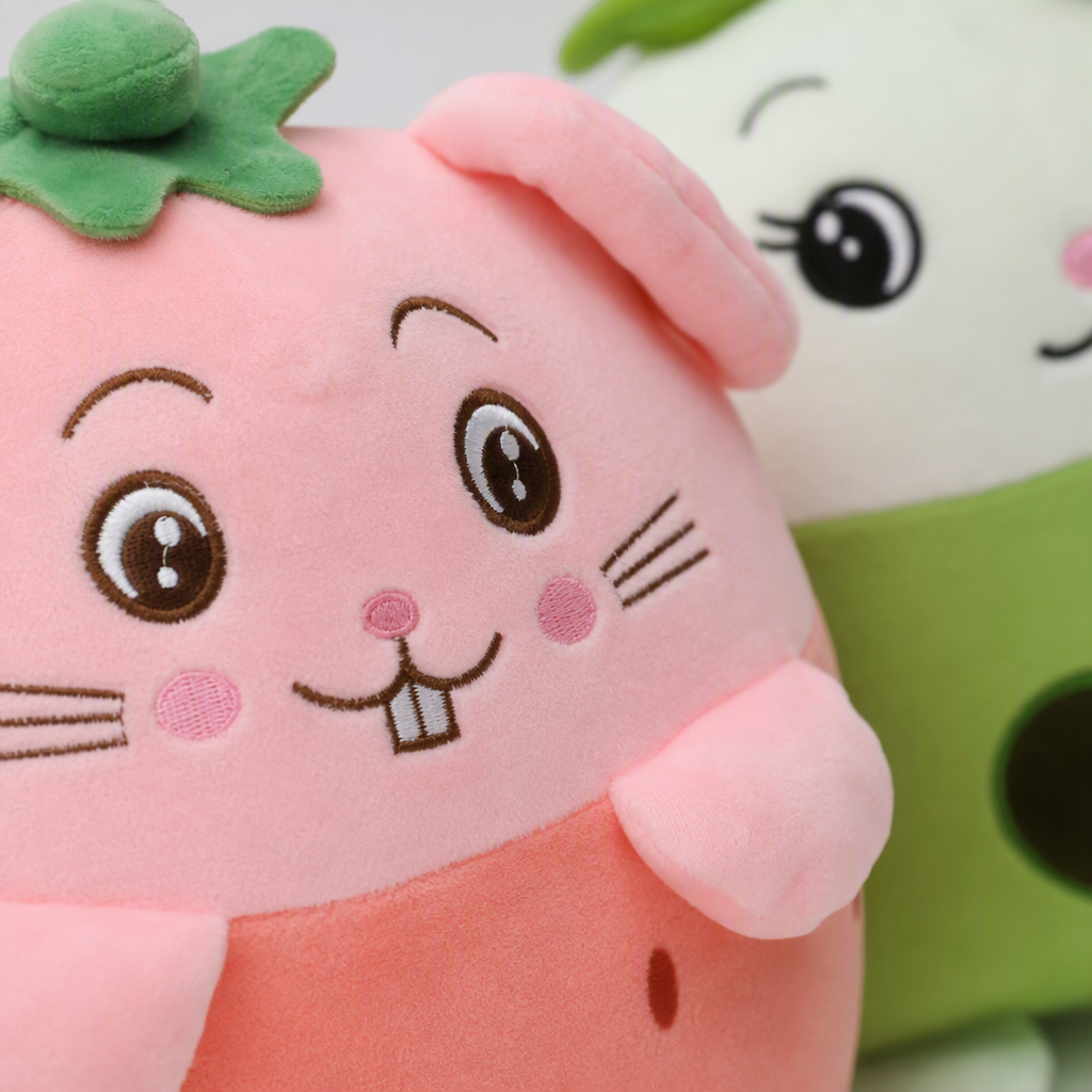 Pink strawberry rabbit dolls, green heart-shaped throw pillows, children's toys, soft and cute handmade fabric gifts, collectibles Application Scenario