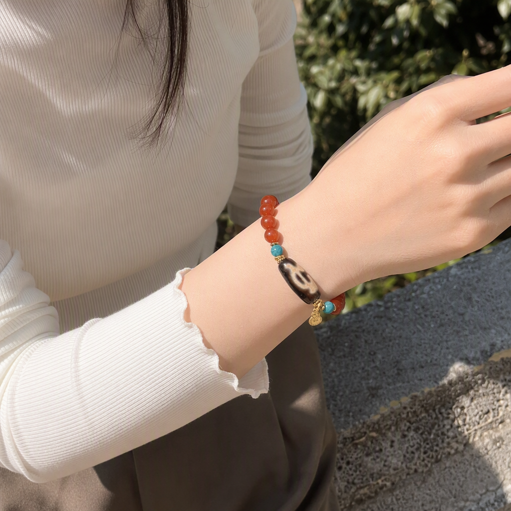 Red bead bracelet, sky beads, turquoise and gold jewelry, fashionable and versatile bracelet accessory, a gift for your girlfriend details Picture