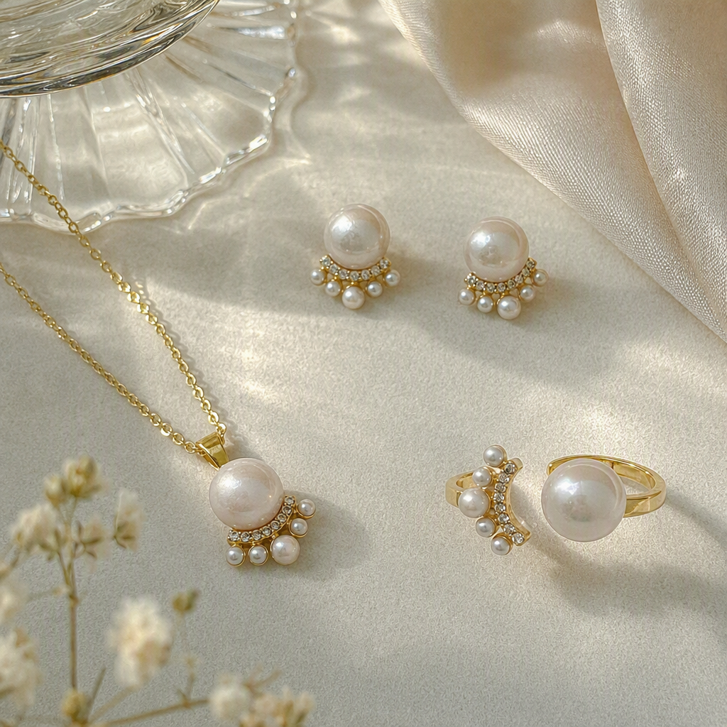 The golden pearl jewelry set includes a necklace, stud earrings and a ring. It is an elegant and stylish wedding accessory for women details Picture
