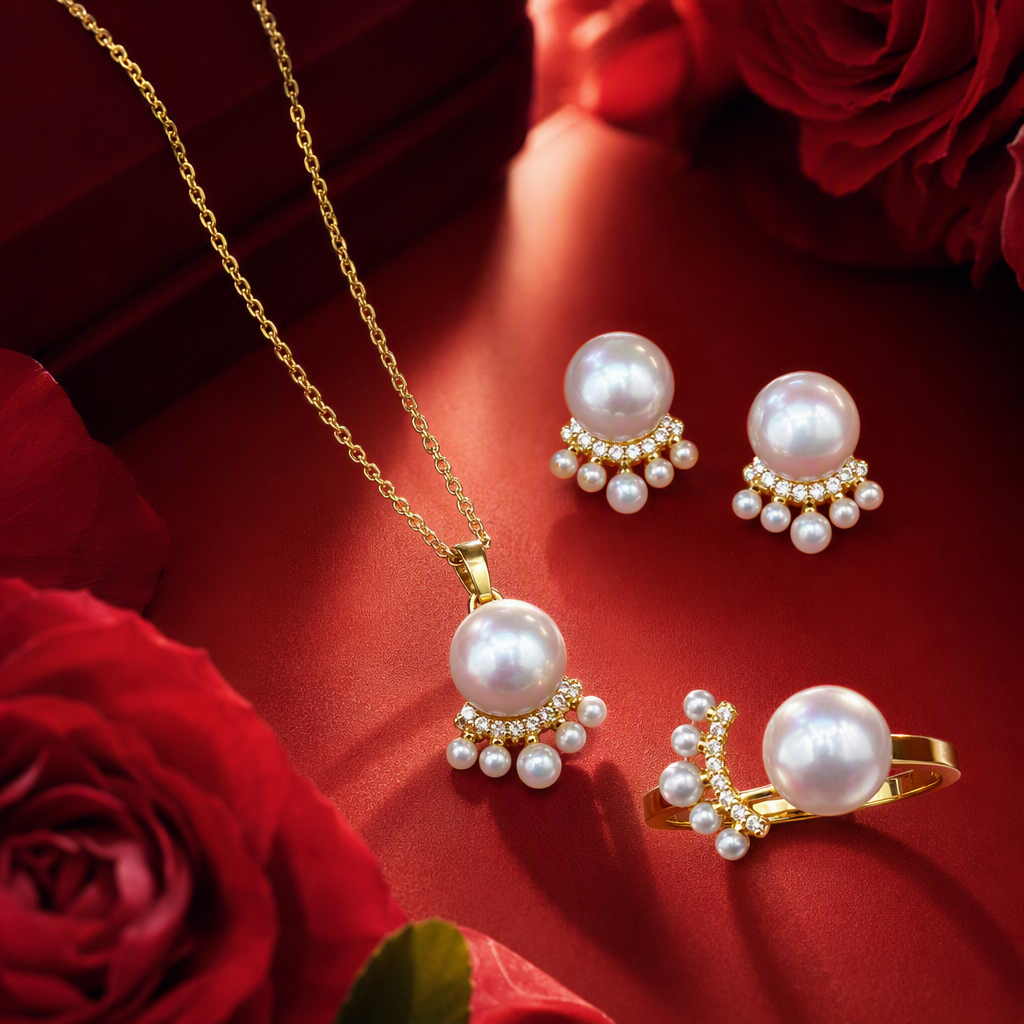 The golden pearl jewelry set includes a necklace, stud earrings and a ring. It is an elegant and stylish wedding accessory for women Specification image