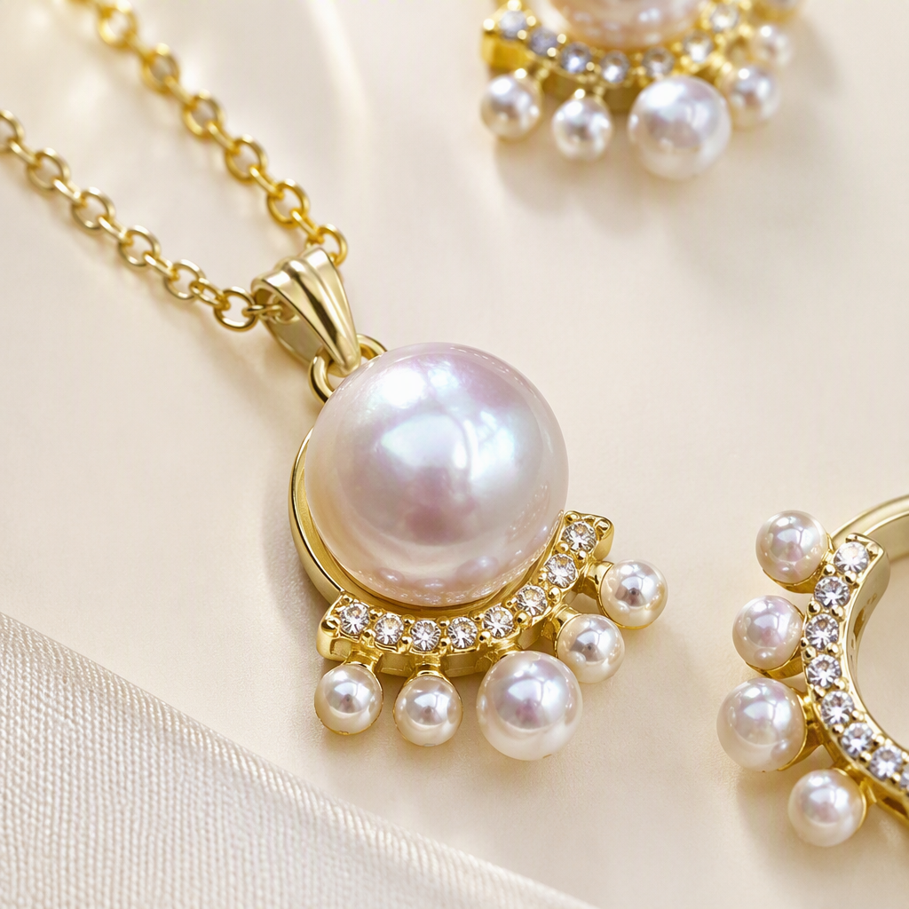 The golden pearl jewelry set includes a necklace, stud earrings and a ring. It is an elegant and stylish wedding accessory for women Application Scenario
