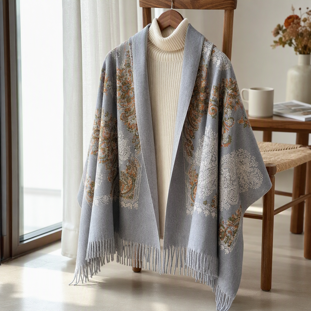 The grey Paisley patterned tassel shawl is a versatile, fashionable and warm women's scarf for autumn and winter, a trendy new Korean version details Picture