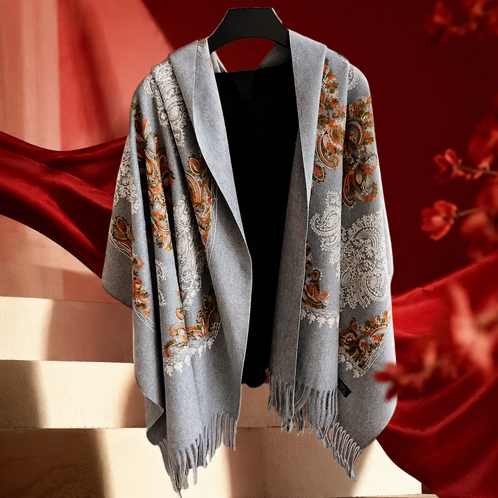 The grey Paisley patterned tassel shawl is a versatile, fashionable and warm women's scarf for autumn and winter, a trendy new Korean version Specification image