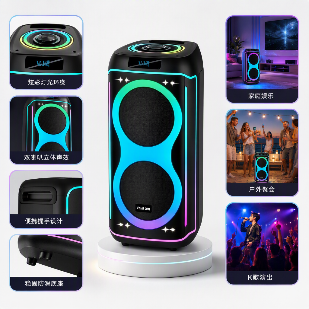Black vertical rectangular Bluetooth speaker, dual bass, color RGB lighting effect, 152605711 Application Scenario
