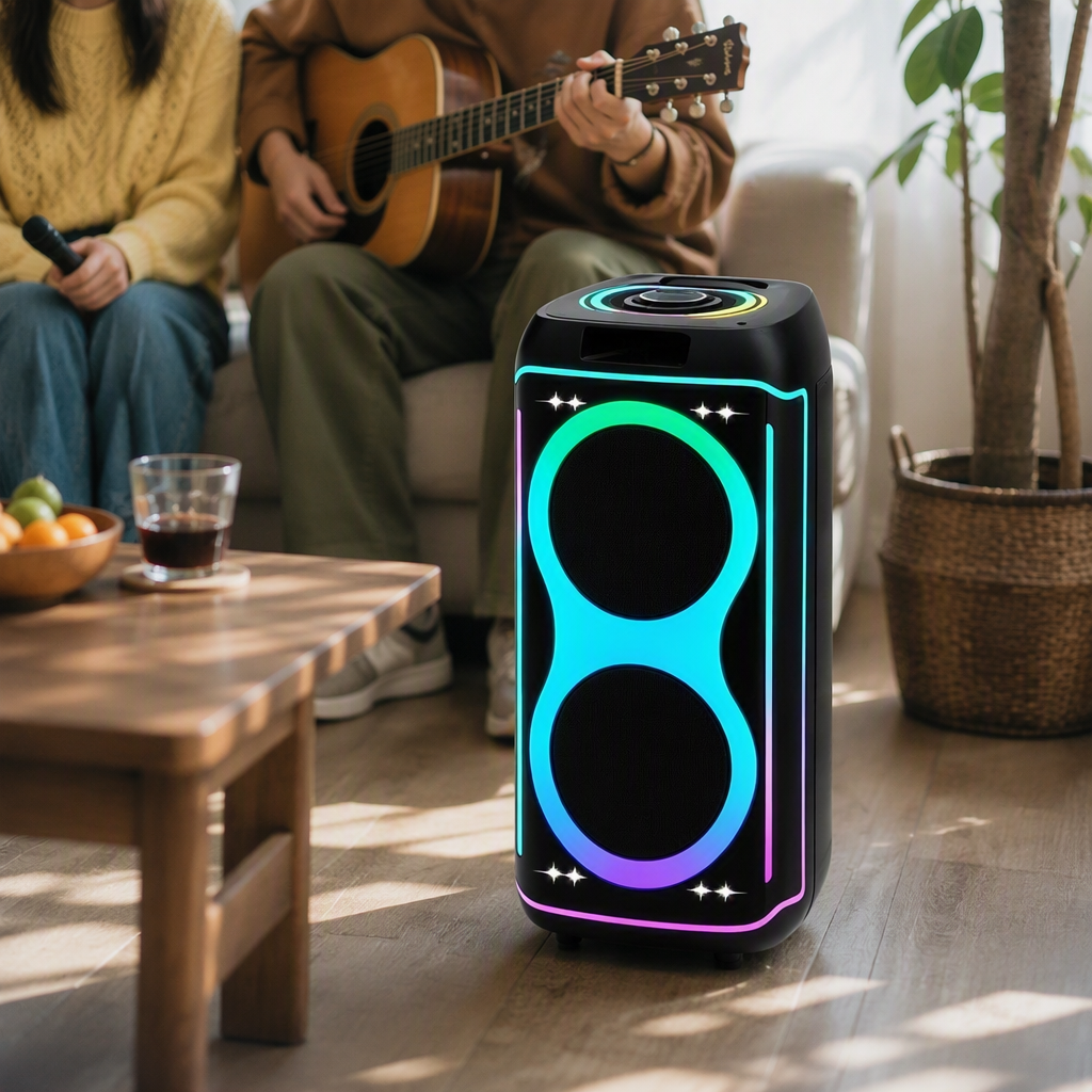 Black vertical rectangular Bluetooth speaker, dual bass, color RGB lighting effect, 152605711 Item Picture
