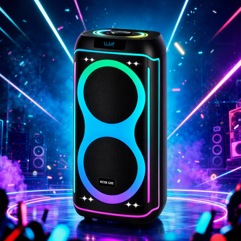 Black vertical rectangular Bluetooth speaker, dual bass, color RGB lighting effect, 152605711 details Picture