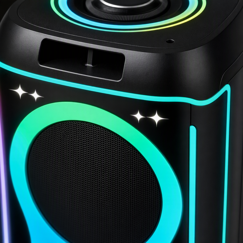 Black vertical rectangular Bluetooth speaker, dual bass, color RGB lighting effect, 152605711 Specification image