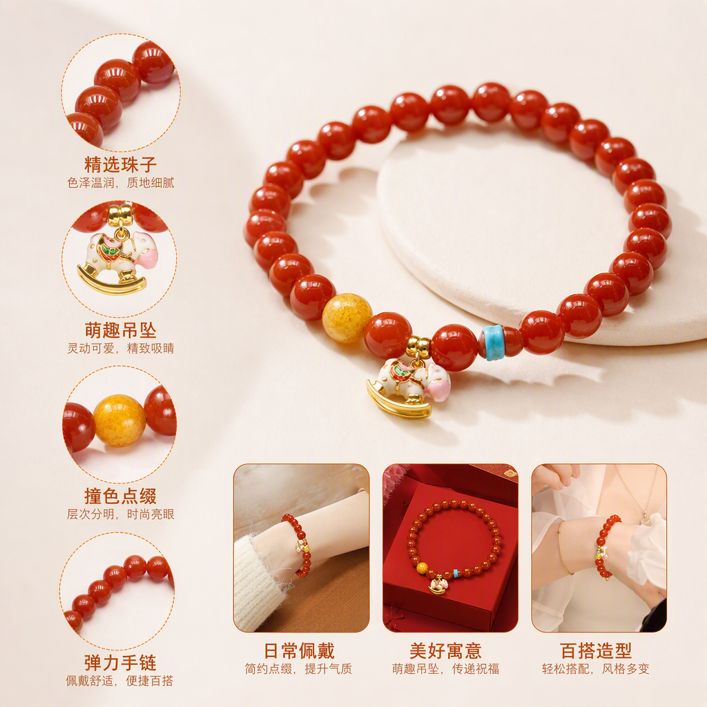South red hand string cadena de cuentas naranja pulsera central oro shake horse colgante tendencia de moda mano estilo de mujer regalos