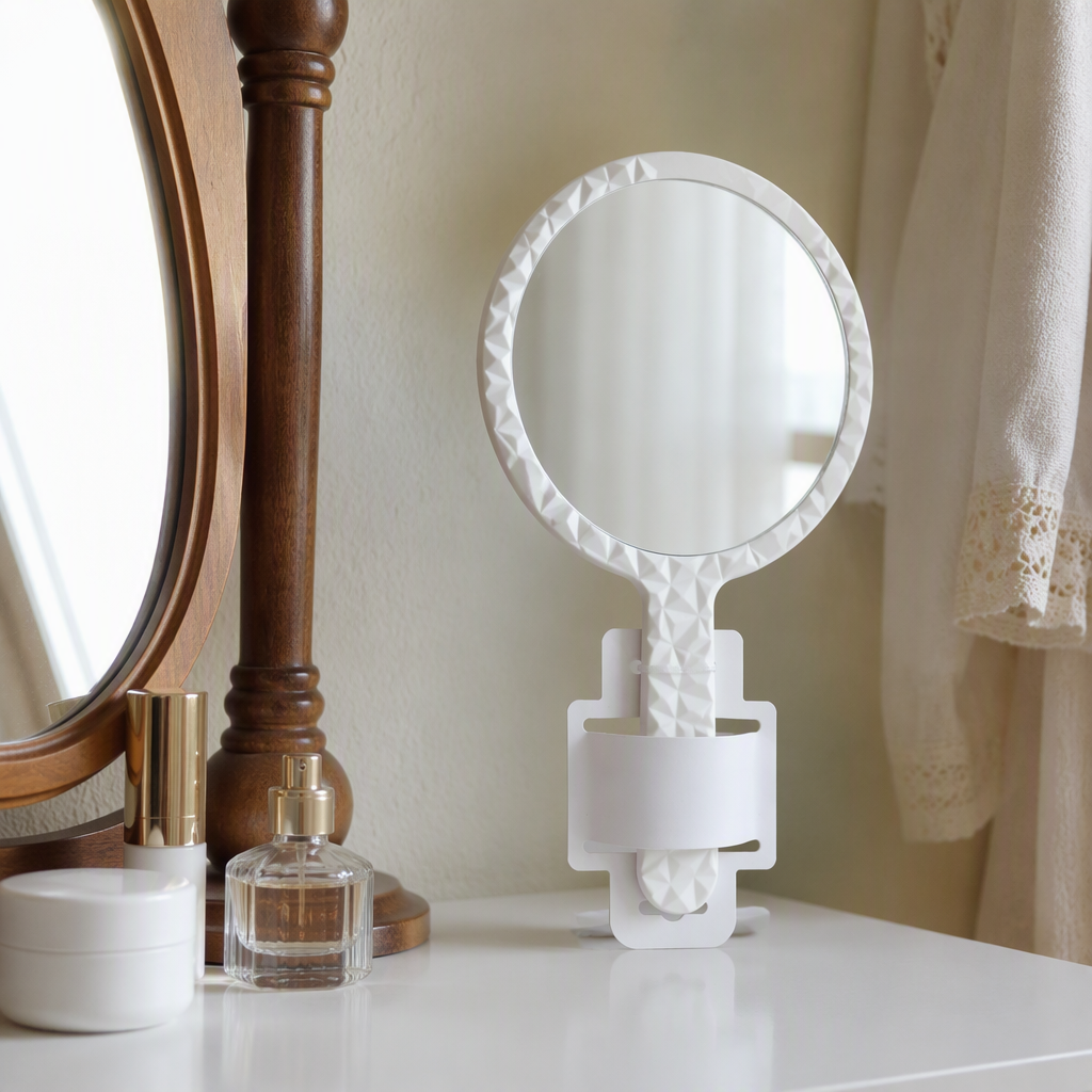 The pink and white round hand-held mirror is a fashionable, simple and portable makeup mirror, an essential beauty tool for girls details Picture
