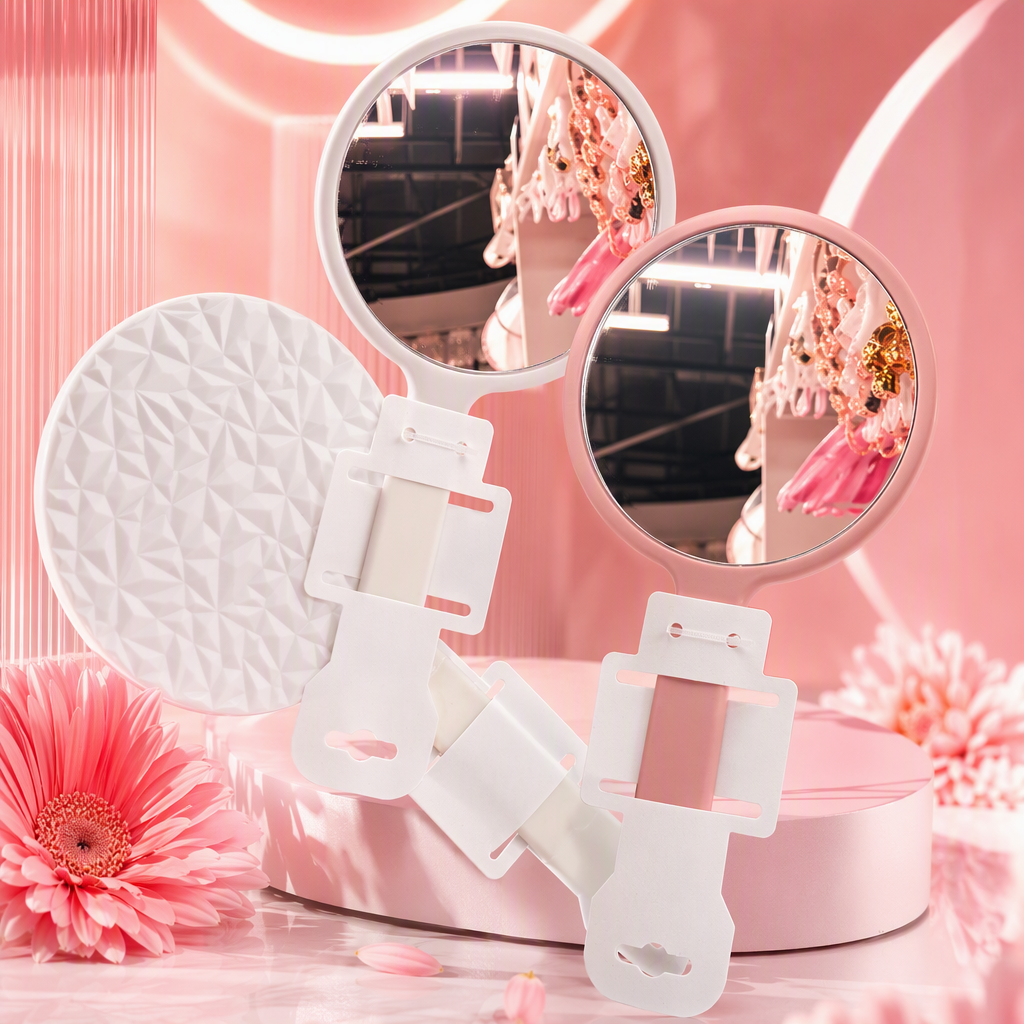 The pink and white round hand-held mirror is a fashionable, simple and portable makeup mirror, an essential beauty tool for girls Specification image
