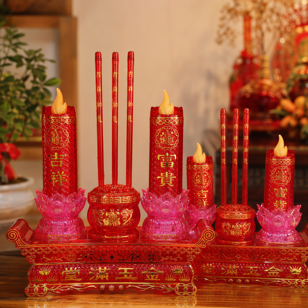 Two sets of festive red electronic candle ornaments with lotus bases, auspicious and prosperous incense columns, golden decorations, and the words "Full of jade and gold" details Picture