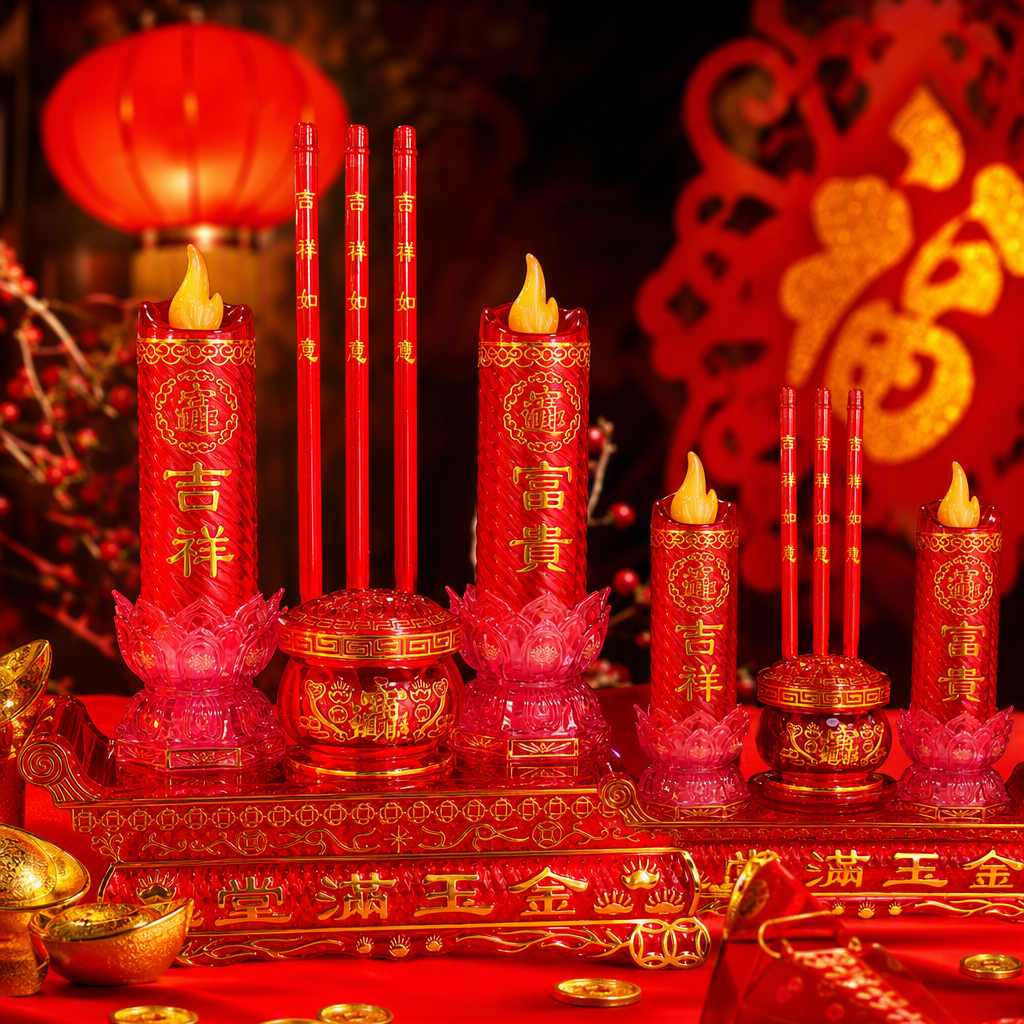 Two sets of festive red electronic candle ornaments with lotus bases, auspicious and prosperous incense columns, golden decorations, and the words "Full of jade and gold" Specification image