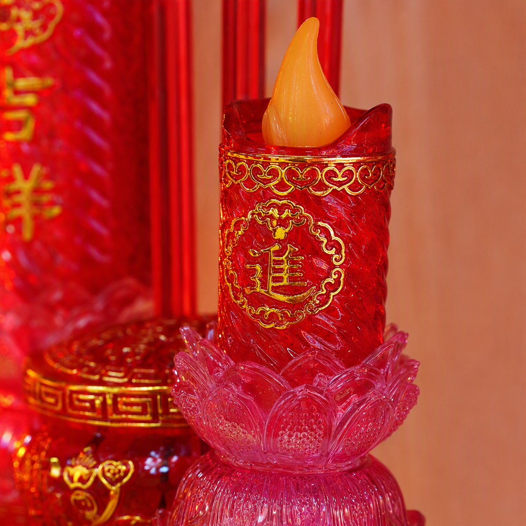 Two sets of festive red electronic candle ornaments with lotus bases, auspicious and prosperous incense columns, golden decorations, and the words "Full of jade and gold" Application Scenario