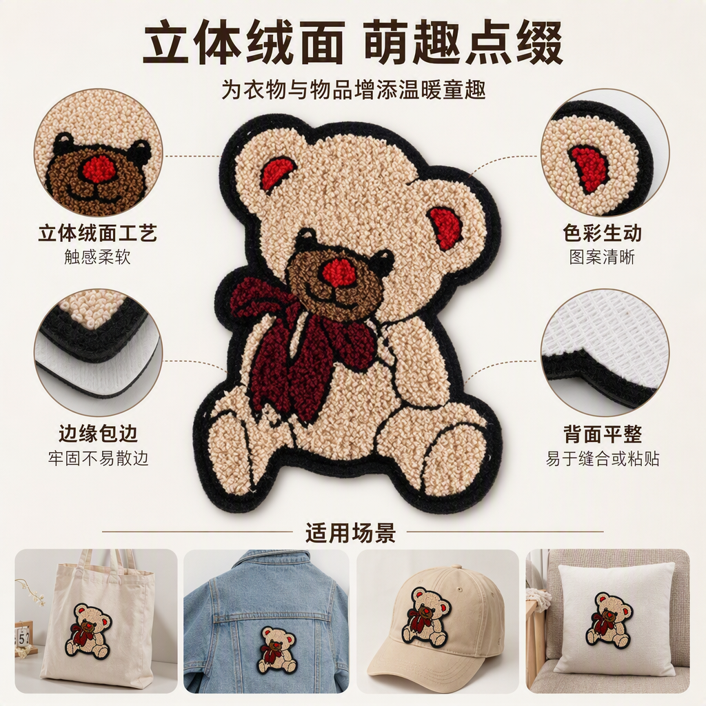 Beige teddy bear embroidered patchwork with red bow and red nose tip decoration DIY handmade fabric accessories