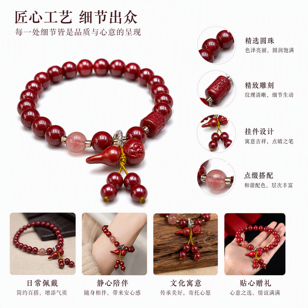 Cinabrio mano cadena de moda rojo cinabrio cuentas cadena pulsera para mujeres vintage mano accesorios simple y versátil pulsera pareja regalo regalo