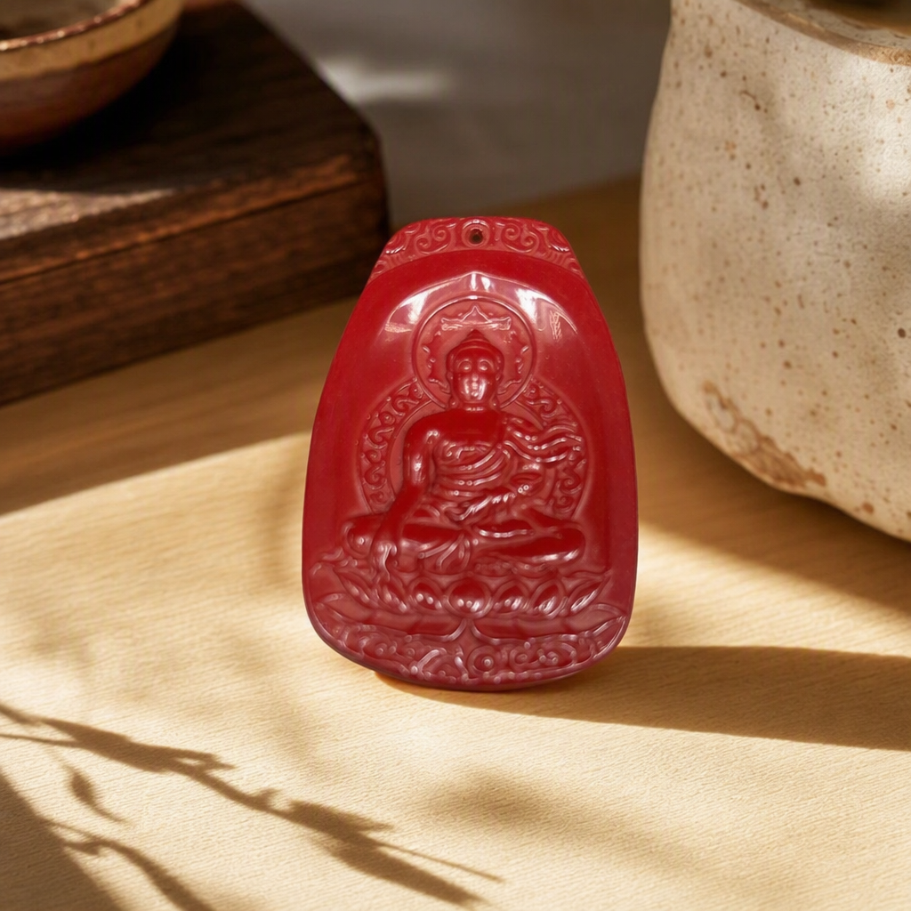 Alto contenido rojo cinabrio estatua de buda escultura artesanías y objetos de exhibición decoración del hogar budista ideas de regalo accesorios de colección colgante colgante details Picture