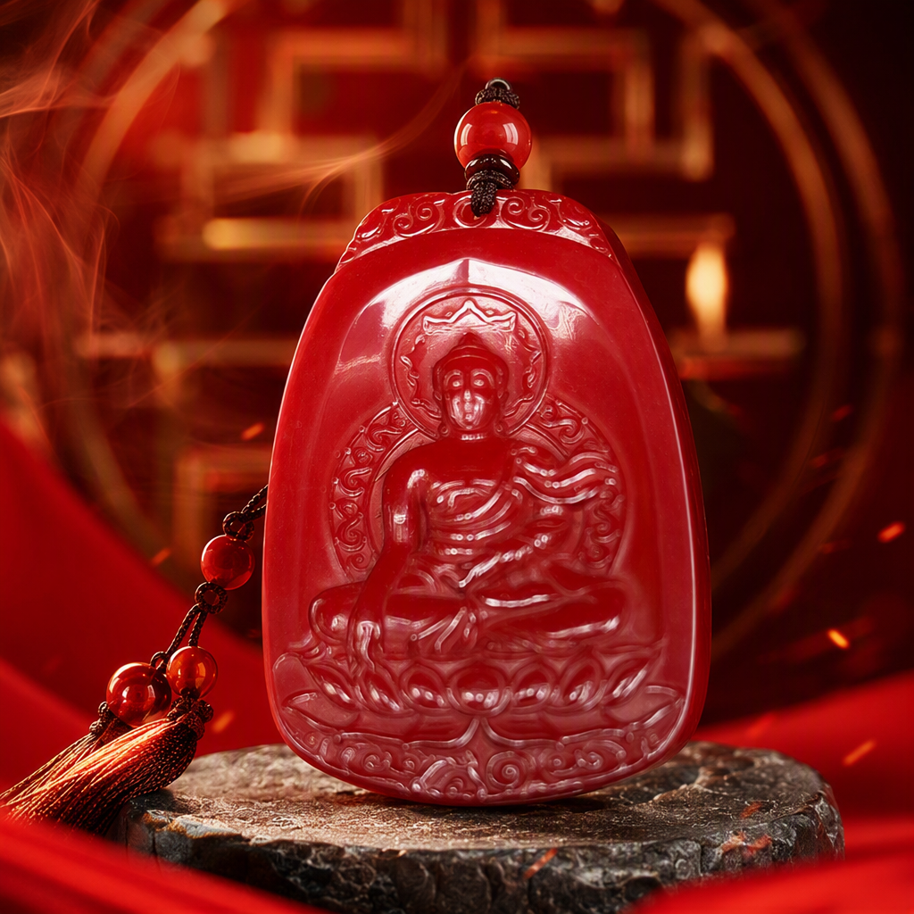 Alto contenido rojo cinabrio estatua de buda escultura artesanías y objetos de exhibición decoración del hogar budista ideas de regalo accesorios de colección colgante colgante Specification image